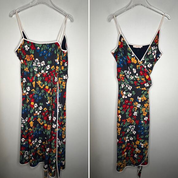 Tory Burch Navy Blue Polka Dot Floral Grotto Wrap Dress Size 14 - Picture 3 of 10